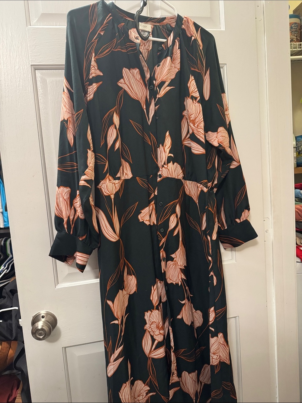 Long Black Floral Button-Front Dress with Pink Blooms